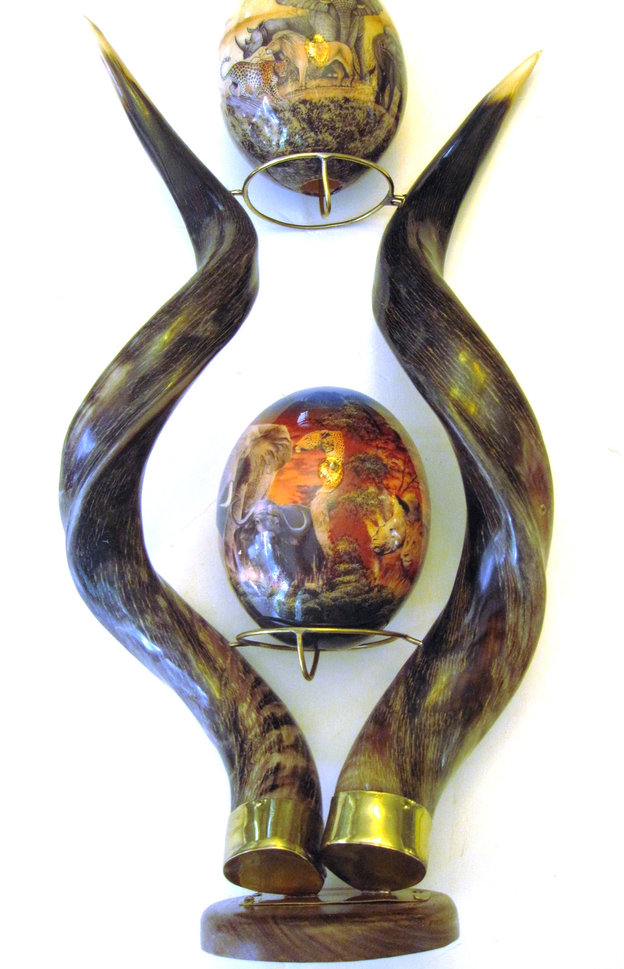 Big Five Decoupage double Ostrich Egg w Kudu stand